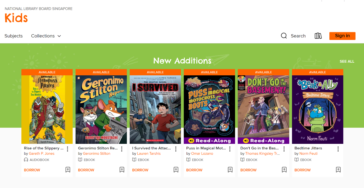 National Library Board Singapore Kids website showing six new children's book additions available to borrow.